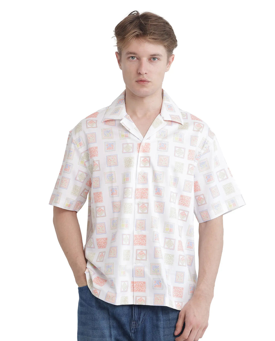 Rare Rabbit Men's Roaz White Cotton Stamp Print Boxy Fit Half Sleeve Cuban Collar Shirt