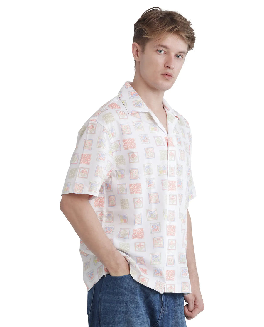 Rare Rabbit Men's Roaz White Cotton Stamp Print Boxy Fit Half Sleeve Cuban Collar Shirt