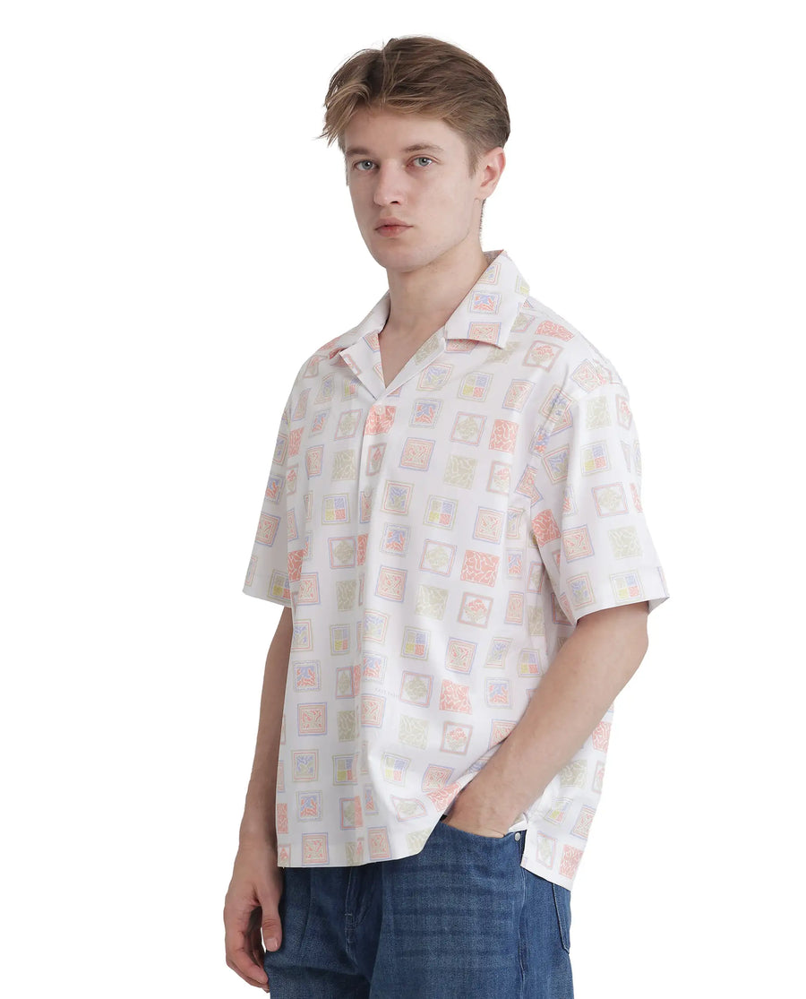 Rare Rabbit Men's Roaz White Cotton Stamp Print Boxy Fit Half Sleeve Cuban Collar Shirt