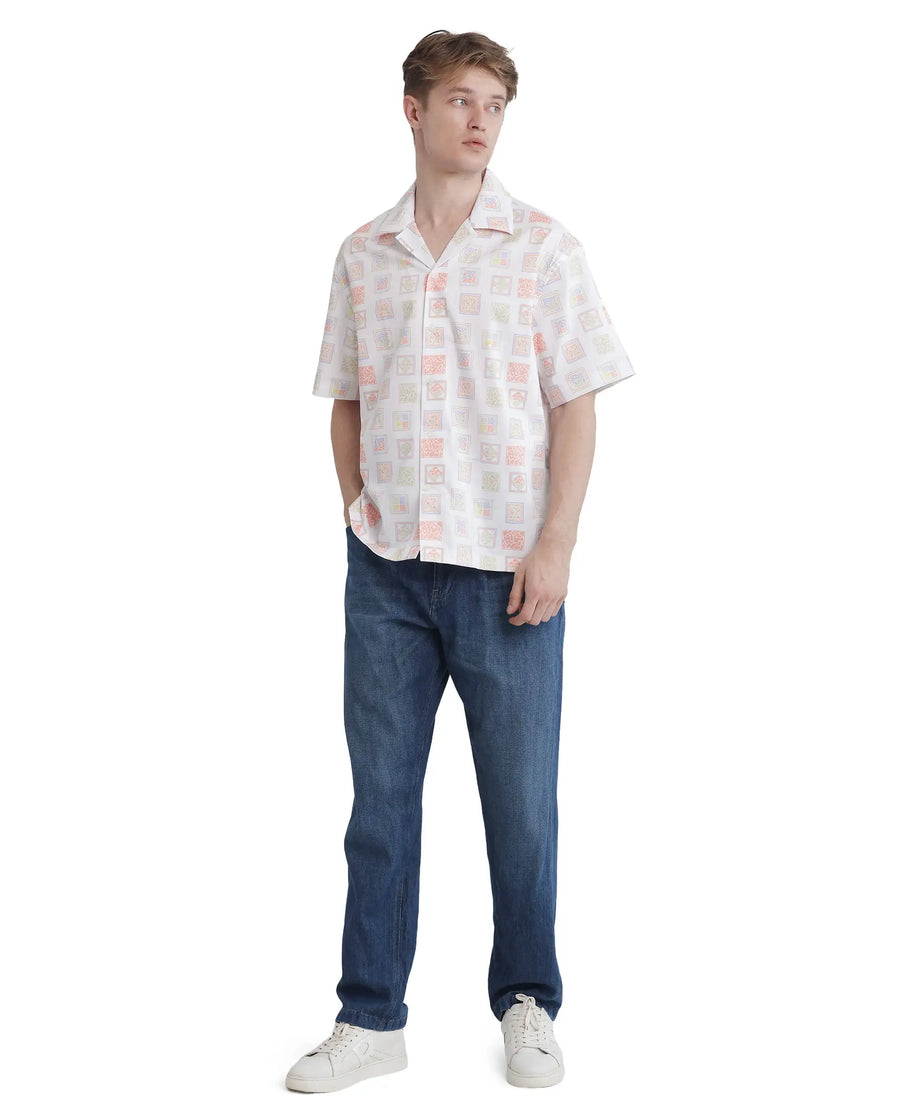 Rare Rabbit Men's Roaz White Cotton Stamp Print Boxy Fit Half Sleeve Cuban Collar Shirt