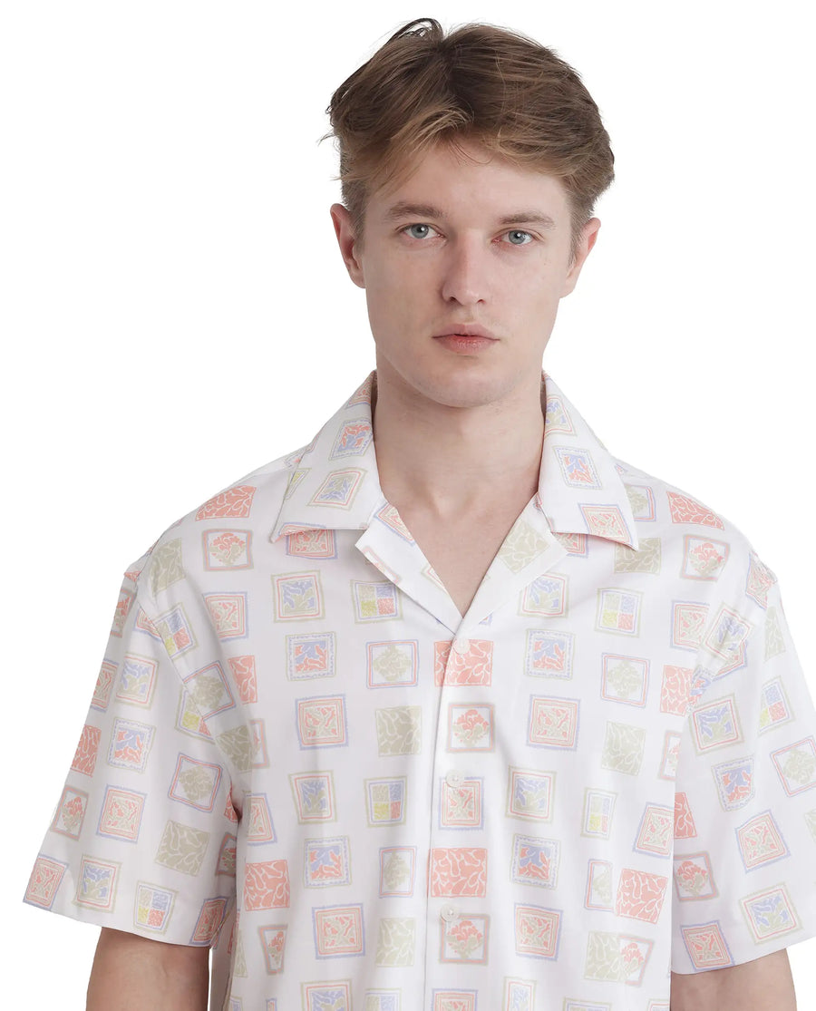 Rare Rabbit Men's Roaz White Cotton Stamp Print Boxy Fit Half Sleeve Cuban Collar Shirt