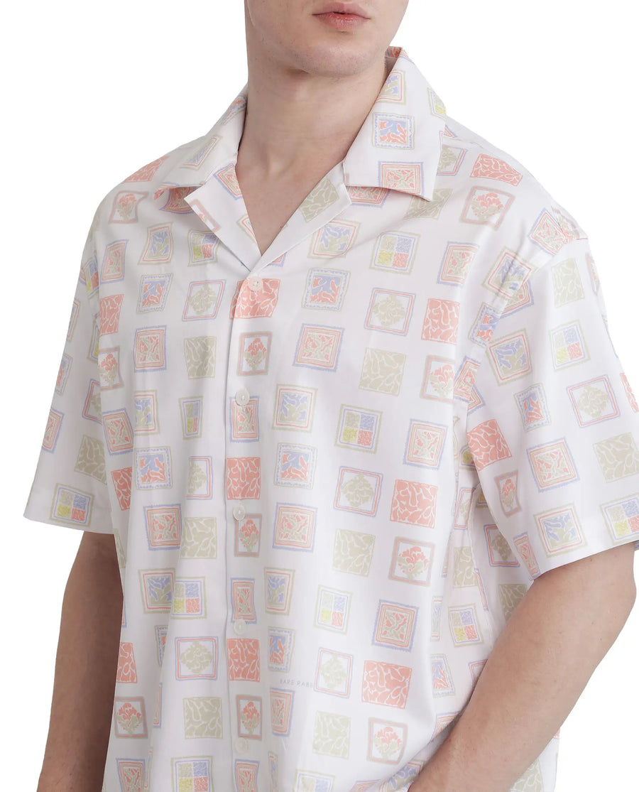 Rare Rabbit Men's Roaz White Cotton Stamp Print Boxy Fit Half Sleeve Cuban Collar Shirt