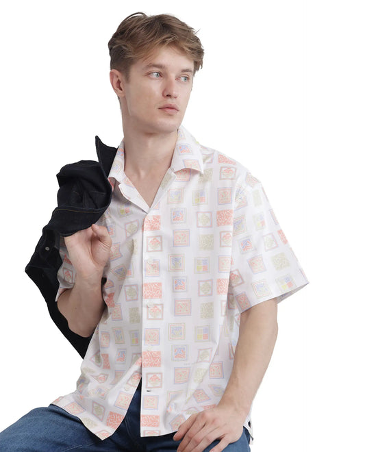 Rare Rabbit Men's Roaz White Cotton Stamp Print Boxy Fit Half Sleeve Cuban Collar Shirt
