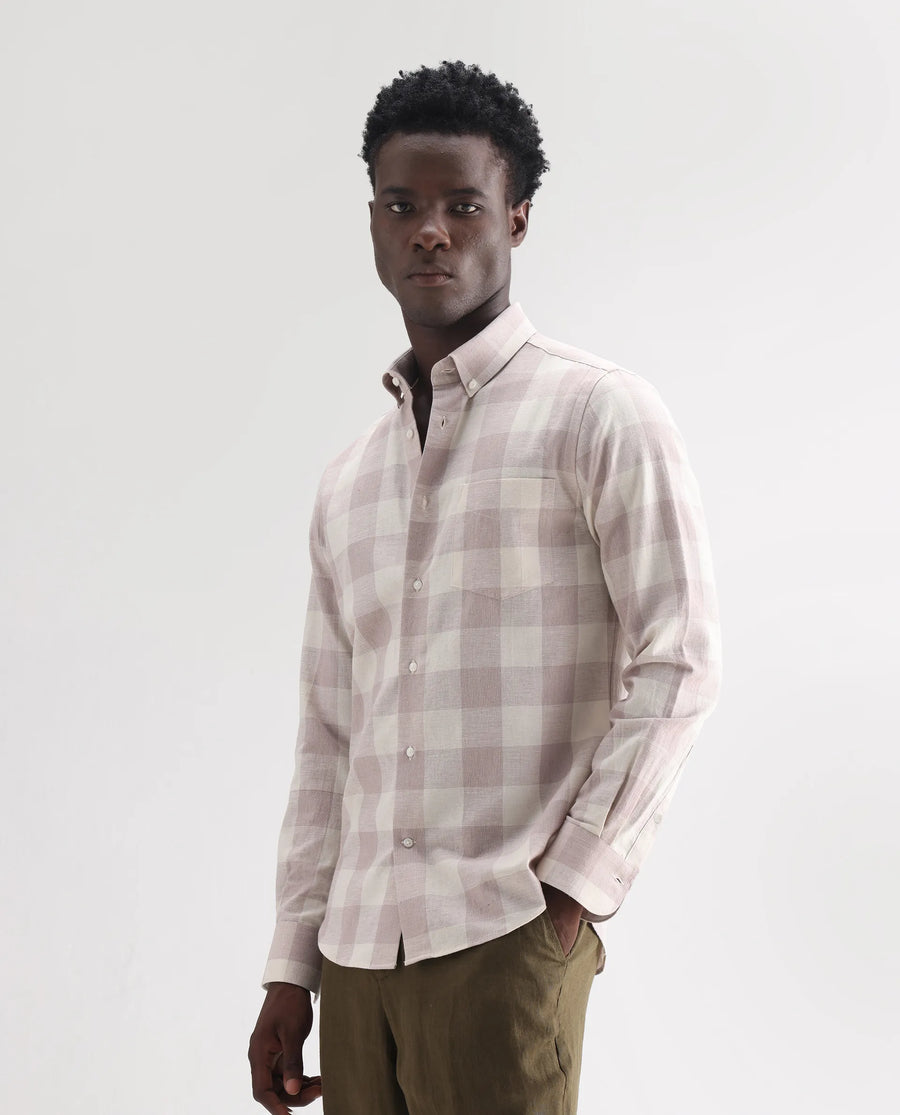 Rare Rabbit Men's Robina Pink 100% Linen Checked Print Regular Fit Full Sleeve Collared Shirt