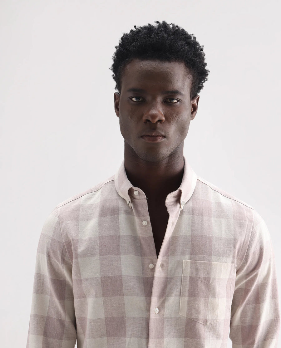 Rare Rabbit Men's Robina Pink 100% Linen Checked Print Regular Fit Full Sleeve Collared Shirt