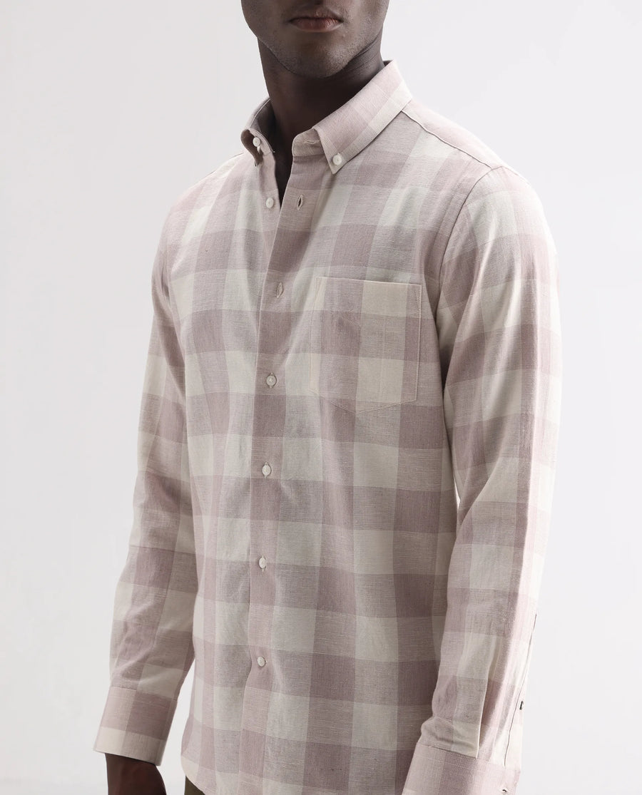 Rare Rabbit Men's Robina Pink 100% Linen Checked Print Regular Fit Full Sleeve Collared Shirt