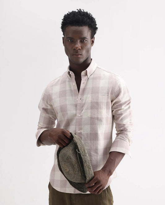 Rare Rabbit Men's Robina Pink 100% Linen Checked Print Regular Fit Full Sleeve Collared Shirt