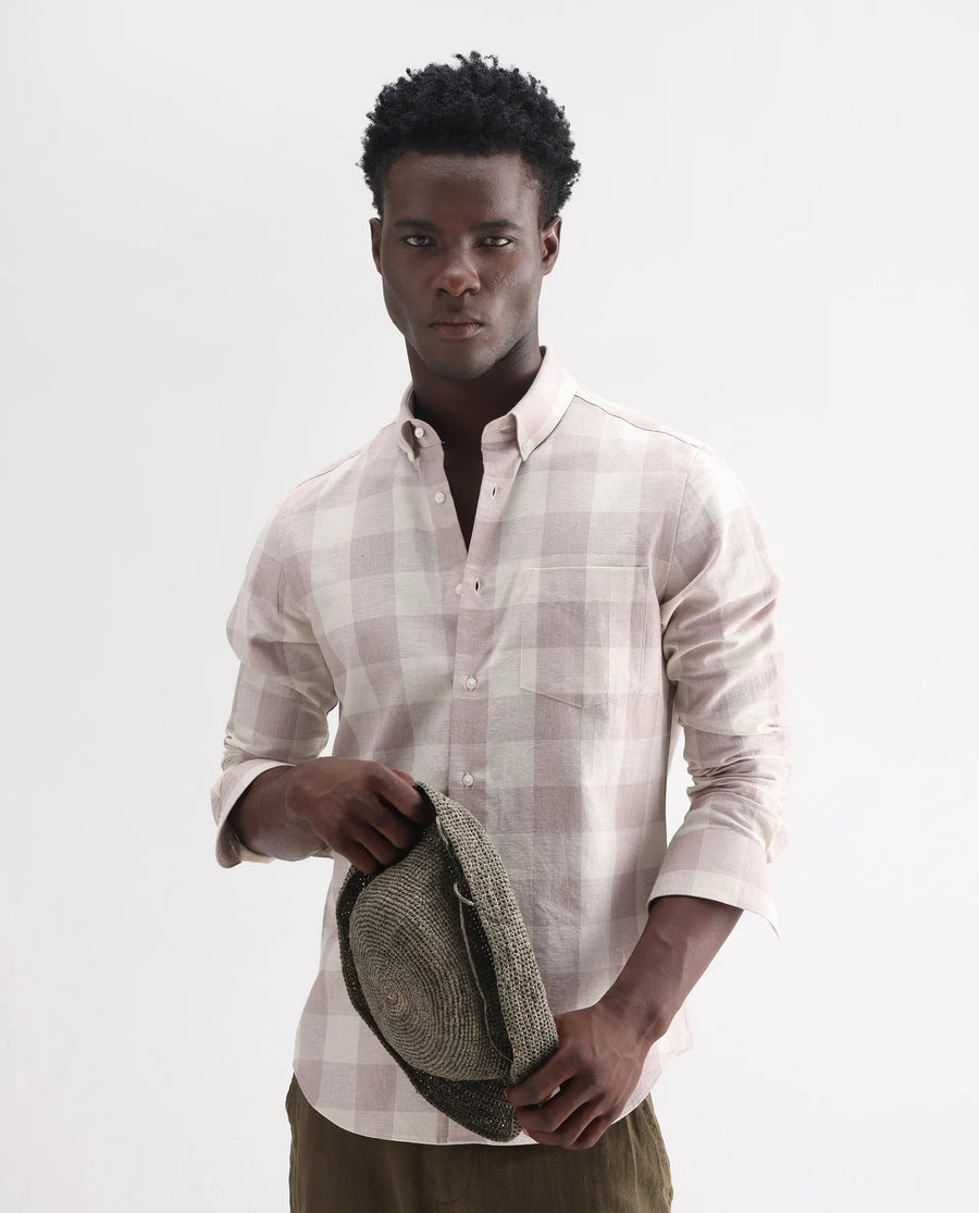 Rare Rabbit Men's Robina Pink 100% Linen Checked Print Regular Fit Full Sleeve Collared Shirt
