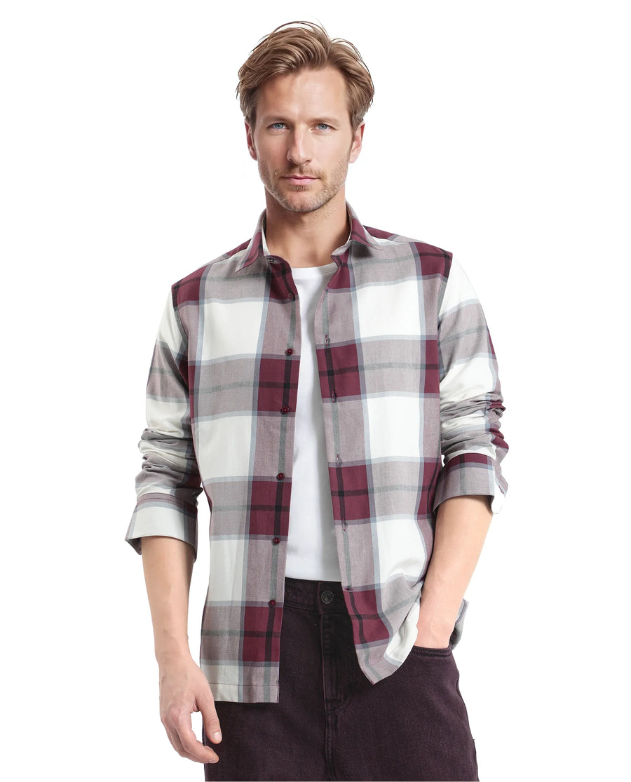 Rare Rabbit Men's Rock Ford-2 Maroon Cotton Checked Print Regular Fit Full Sleeve Collared Shirt