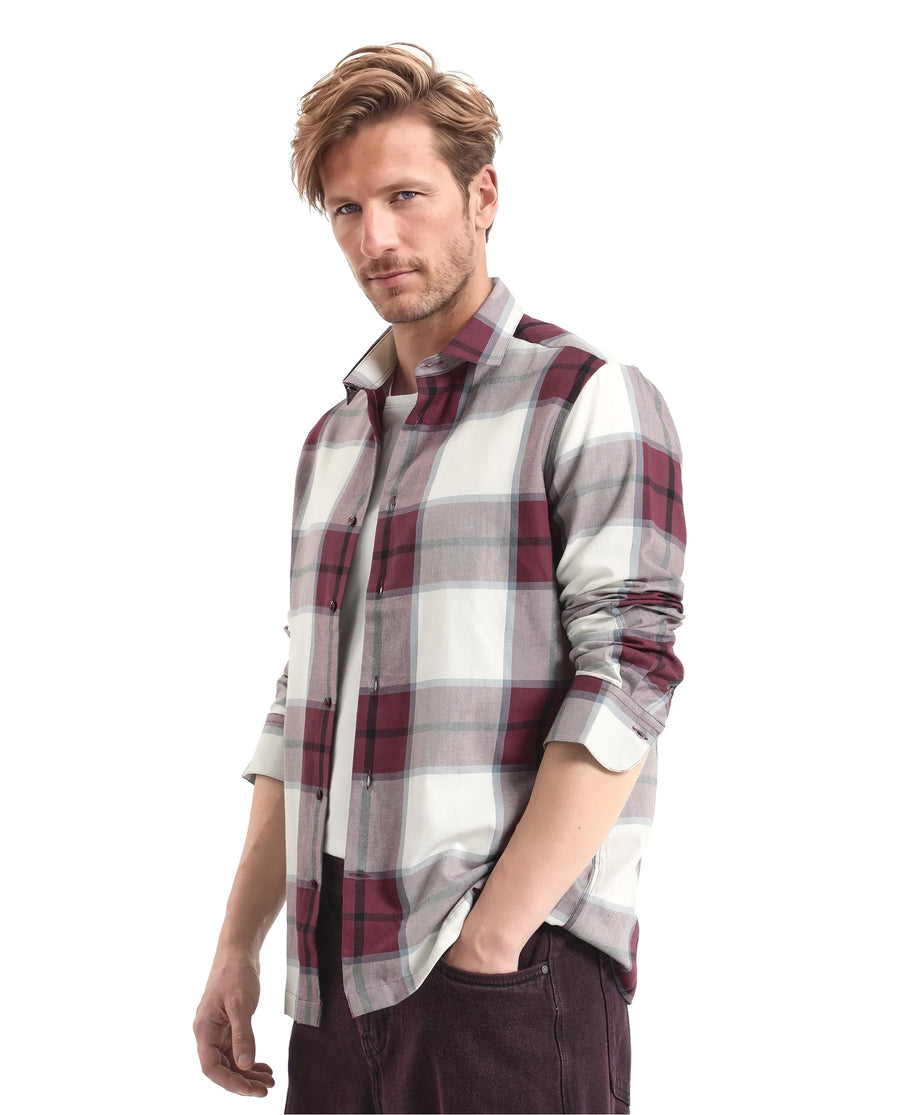 Rare Rabbit Men's Rock Ford-2 Maroon Cotton Checked Print Regular Fit Full Sleeve Collared Shirt