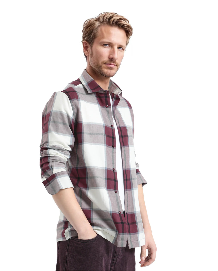 Rare Rabbit Men's Rock Ford-2 Maroon Cotton Checked Print Regular Fit Full Sleeve Collared Shirt