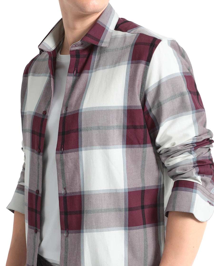 Rare Rabbit Men's Rock Ford-2 Maroon Cotton Checked Print Regular Fit Full Sleeve Collared Shirt
