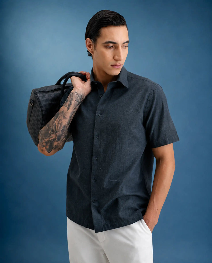 Rare Rabbit Men's Rode Dark Blue Cotton Blend Fabric Half Sleeve Spread Collar Regular Fit Plain Shirt
