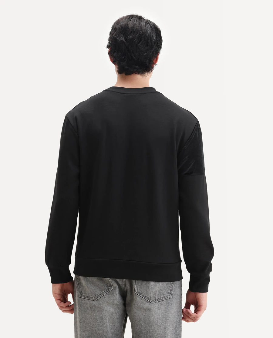Rare Rabbit Men's Roe Black Velvet Cut And Sew Regular Fit Full Sleeve Crew Neck Sweatshirt