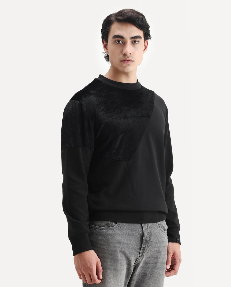 Rare Rabbit Men's Roe Black Velvet Cut And Sew Regular Fit Full Sleeve Crew Neck Sweatshirt
