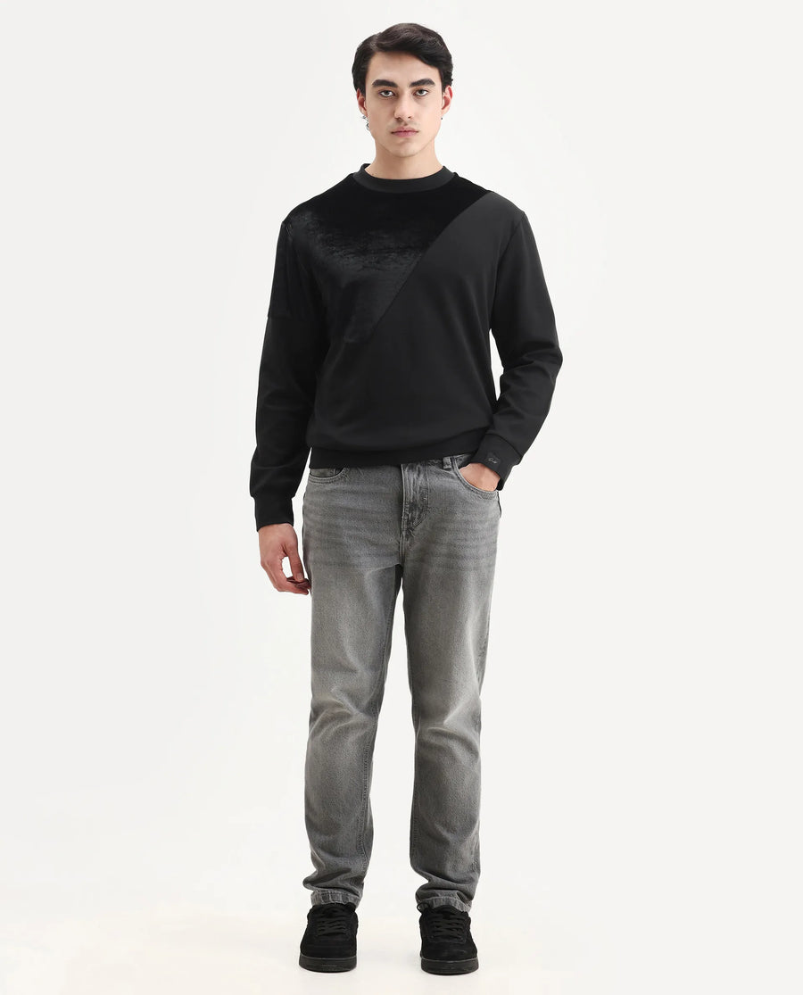 Rare Rabbit Men's Roe Black Velvet Cut And Sew Regular Fit Full Sleeve Crew Neck Sweatshirt