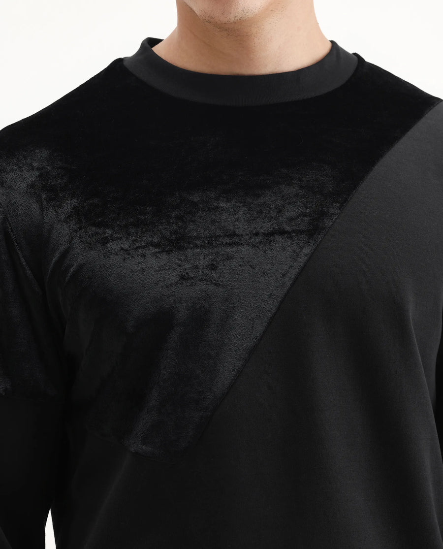 Rare Rabbit Men's Roe Black Velvet Cut And Sew Regular Fit Full Sleeve Crew Neck Sweatshirt