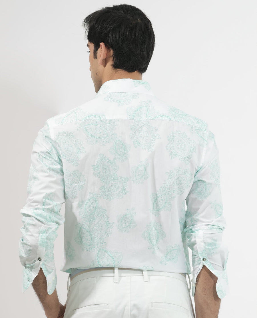 Rare Rabbit Men's Rojackk Turq Cotton Paisley Print Regular Fit Full Sleeve Collared Shirt