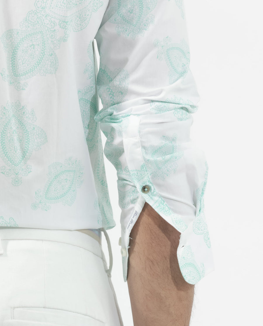 Rare Rabbit Men's Rojackk Turq Cotton Paisley Print Regular Fit Full Sleeve Collared Shirt