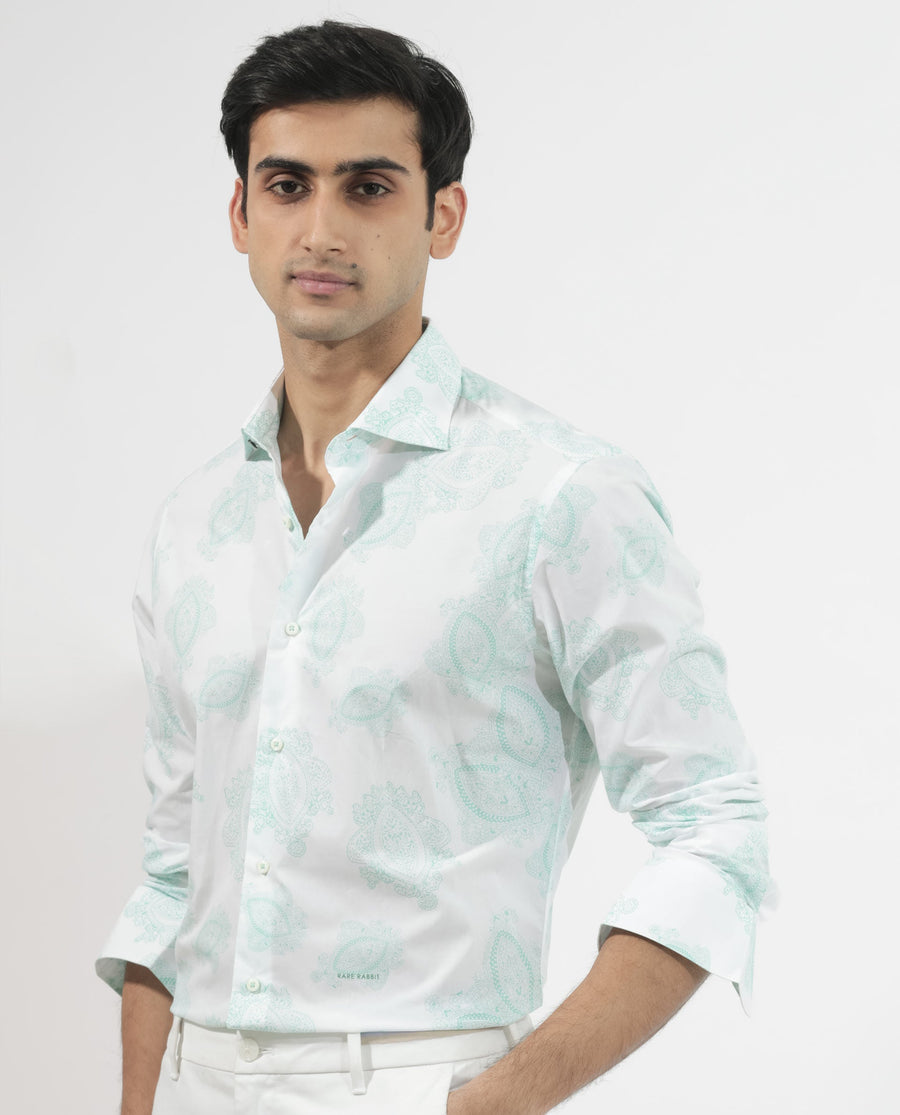 Rare Rabbit Men's Rojackk Turq Cotton Paisley Print Regular Fit Full Sleeve Collared Shirt