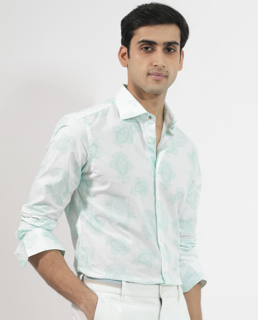 Rare Rabbit Men's Rojackk Turq Cotton Paisley Print Regular Fit Full Sleeve Collared Shirt