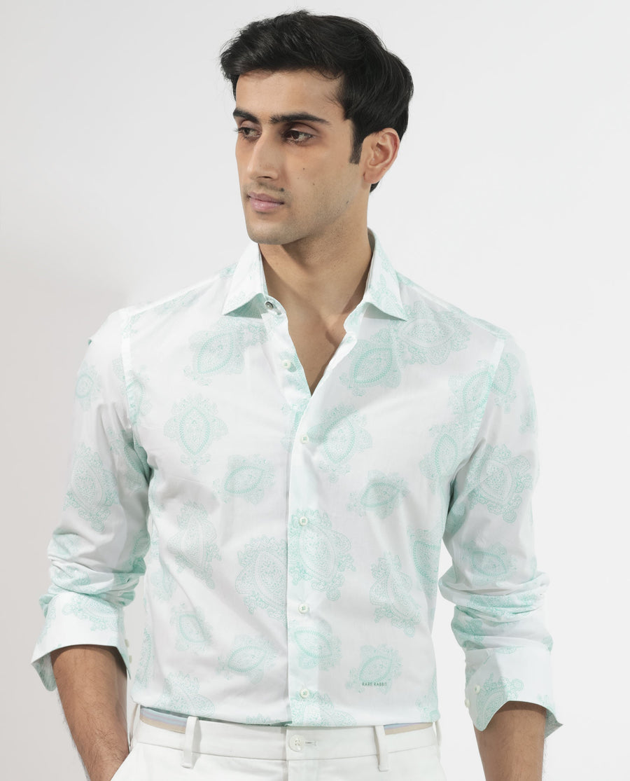 Rare Rabbit Men's Rojackk Turq Cotton Paisley Print Regular Fit Full Sleeve Collared Shirt