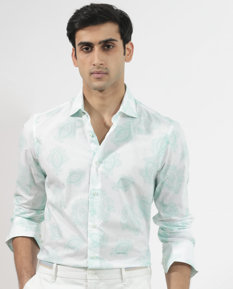 Rare Rabbit Men's Rojackk Turq Cotton Paisley Print Regular Fit Full Sleeve Collared Shirt