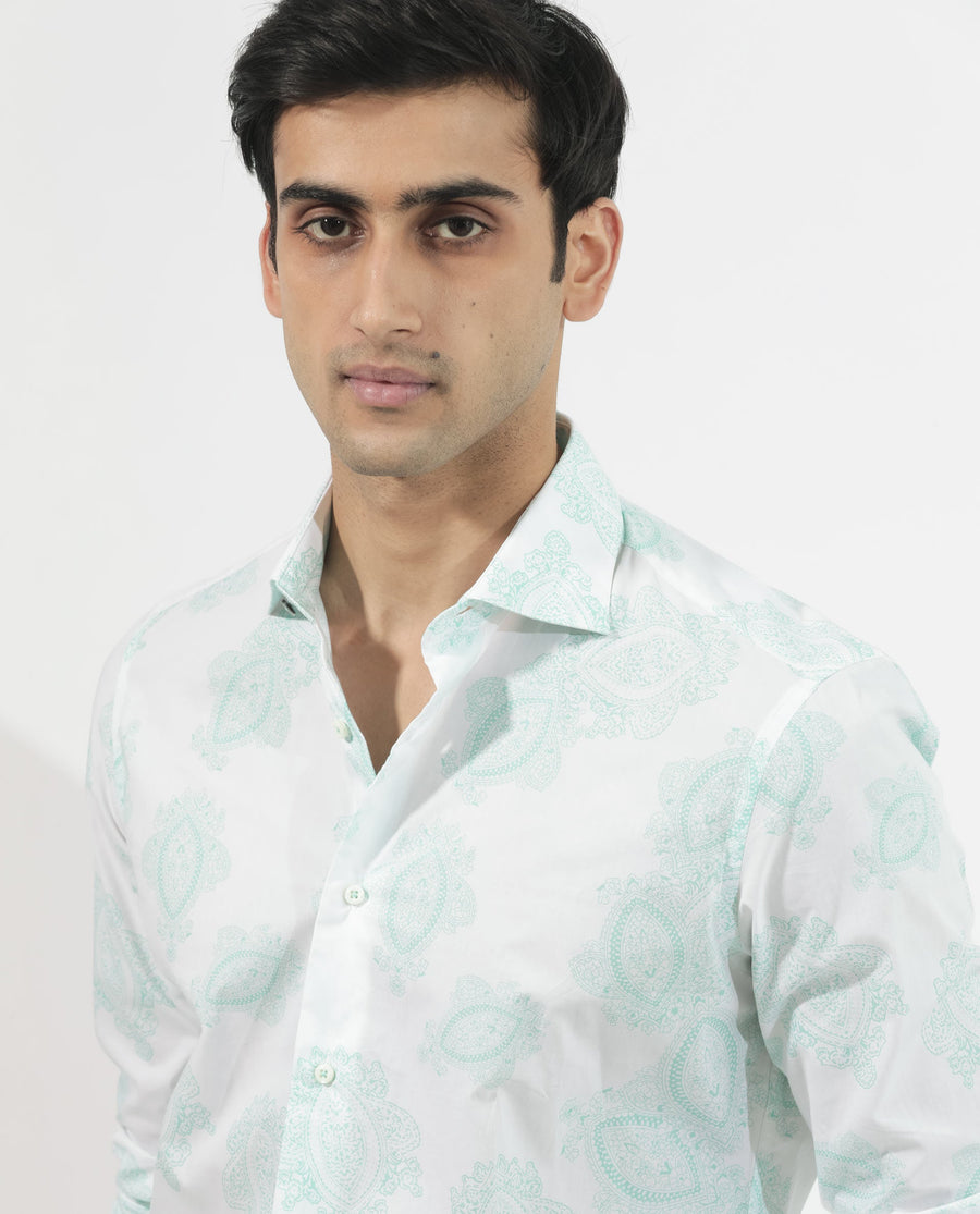 Rare Rabbit Men's Rojackk Turq Cotton Paisley Print Regular Fit Full Sleeve Collared Shirt