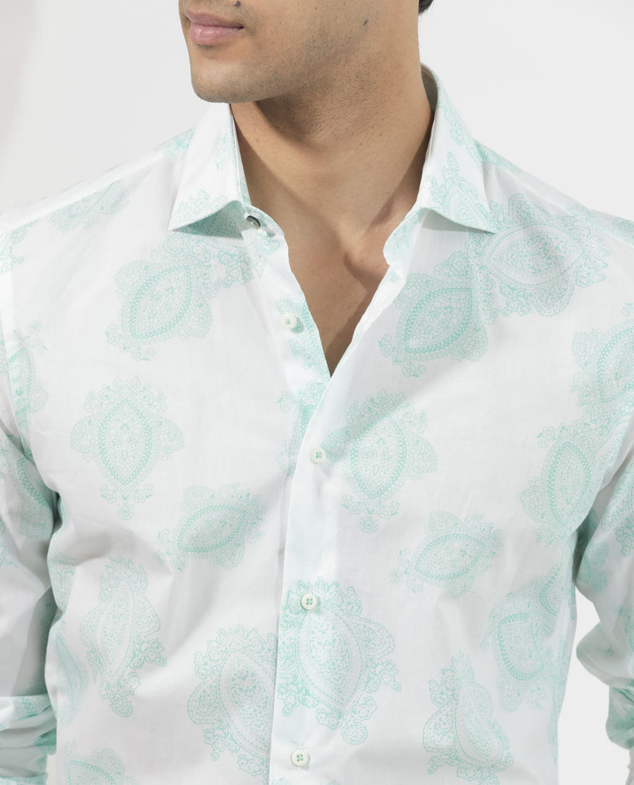 Rare Rabbit Men's Rojackk Turq Cotton Paisley Print Regular Fit Full Sleeve Collared Shirt