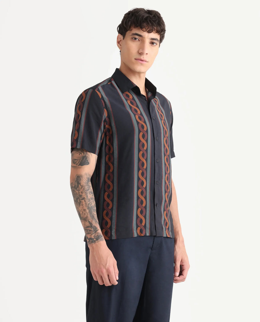 Rare Rabbit Men's Rold-1 Black Viscose Blend Geometric Print Relaxed Fit Half Sleeve Collared Shirt