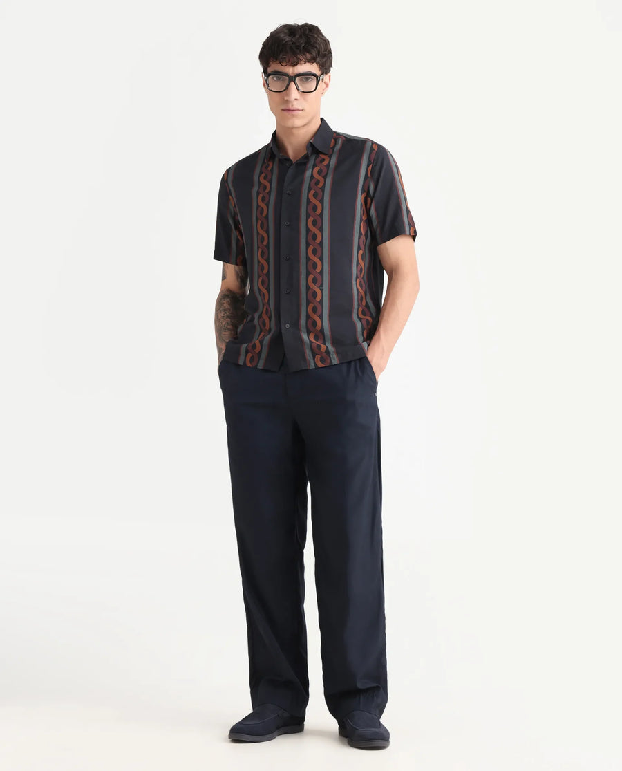 Rare Rabbit Men's Rold-1 Black Viscose Blend Geometric Print Relaxed Fit Half Sleeve Collared Shirt