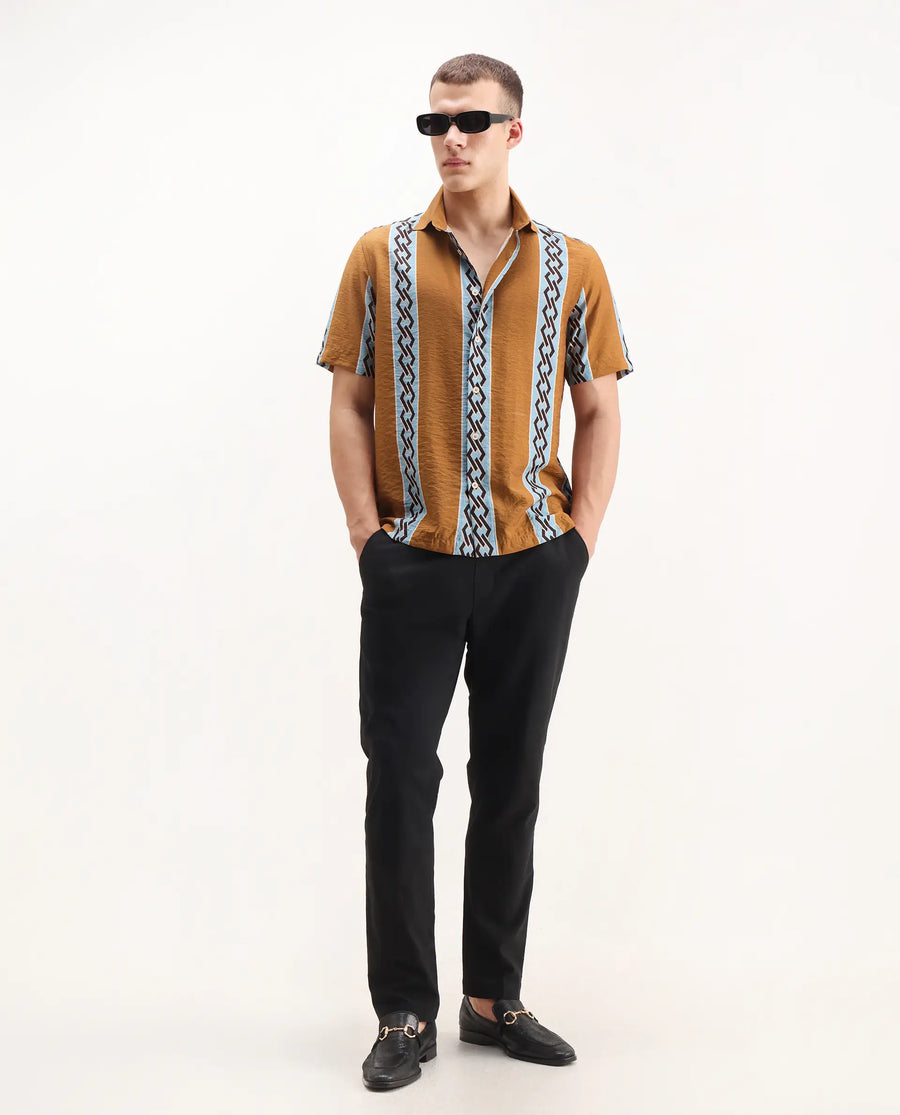 Rare Rabbit Men's Rold-2 Dusky Yellow Viscose Blend Geometric Print Relaxed Fit Half Sleeve Collared Shirt