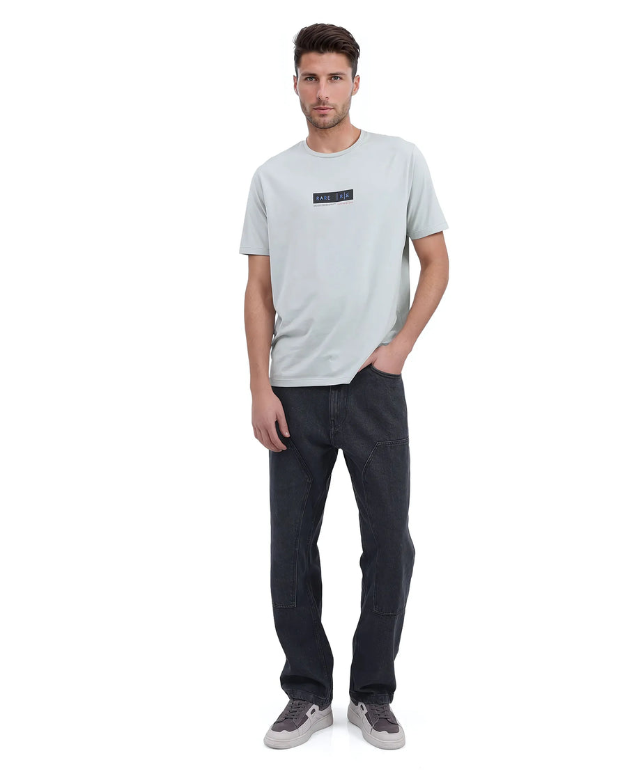 Rare Rabbit Men's Rolt Dusky Green Cotton Blend Graphic Print Regular Fit Half Sleeve Crew Neck T-Shirt