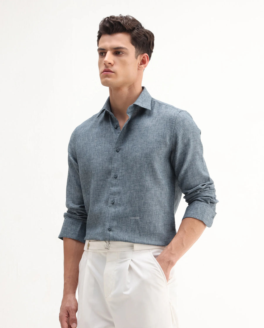 Rare Rabbit Men's Rome-Fs Dusky Blue Polyester Blend Plain Regular Fit Full Sleeve Collared Shirt