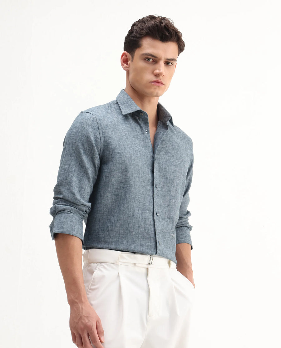 Rare Rabbit Men's Rome-Fs Dusky Blue Polyester Blend Plain Regular Fit Full Sleeve Collared Shirt