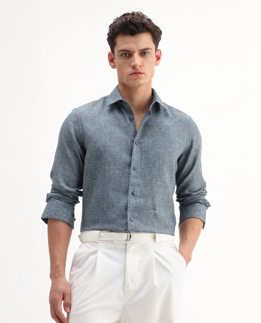 Rare Rabbit Men's Rome-Fs Dusky Blue Polyester Blend Plain Regular Fit Full Sleeve Collared Shirt