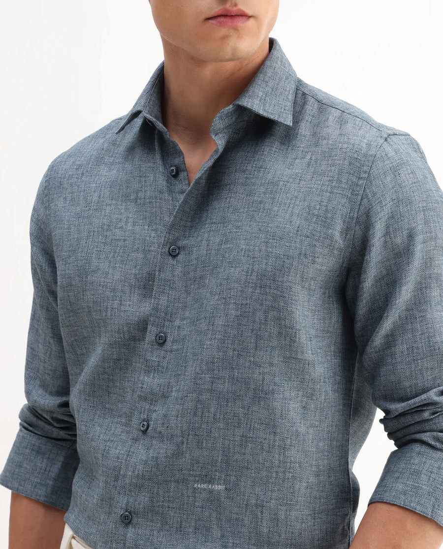 Rare Rabbit Men's Rome-Fs Dusky Blue Polyester Blend Plain Regular Fit Full Sleeve Collared Shirt