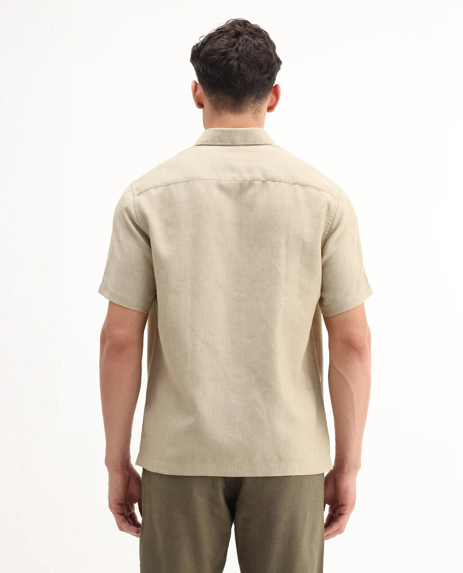 Rare Rabbit Men's Rome-Ss - Dusky Beige Polyester Plain Regular Fit Half Sleeve Collared Shirt