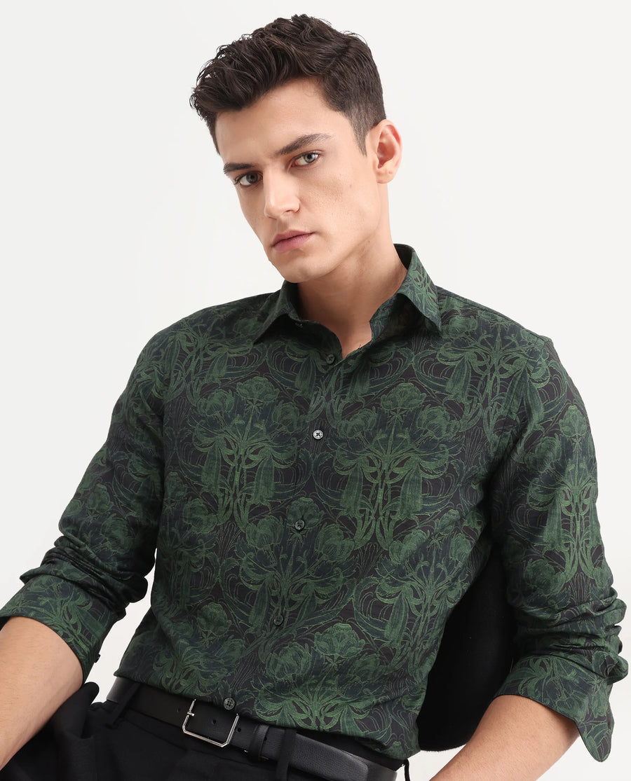 Rare Rabbit Men's Romo Black Viscose Blend Floral Print Regular Fit Full Sleeve Collared Shirt