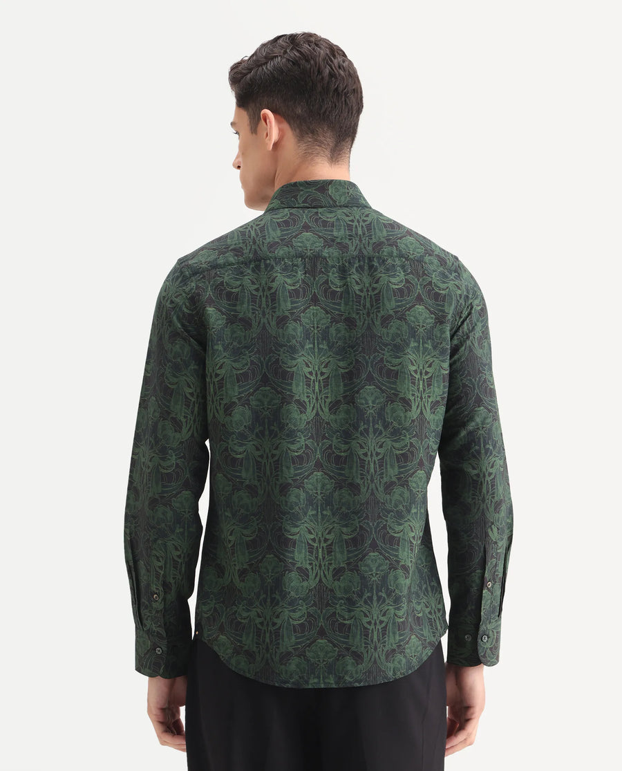 Rare Rabbit Men's Romo Black Viscose Blend Floral Print Regular Fit Full Sleeve Collared Shirt