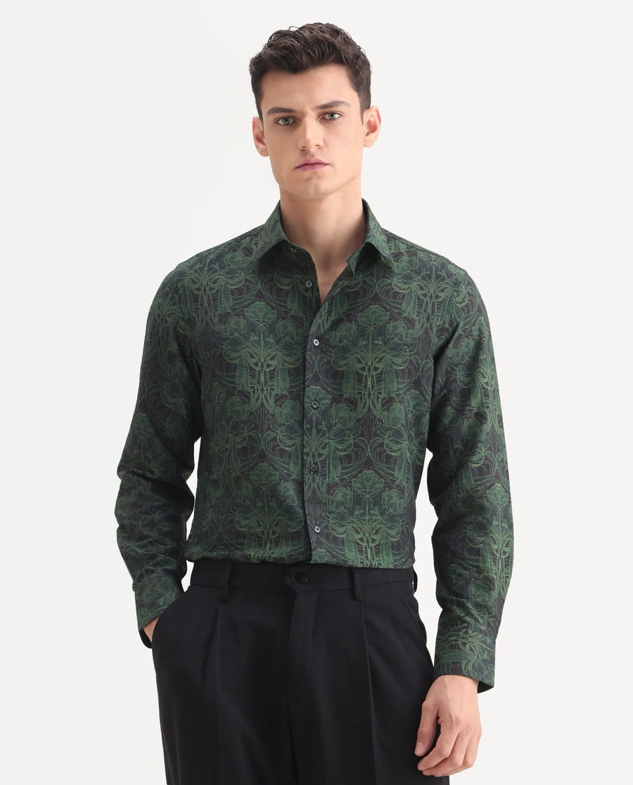 Rare Rabbit Men's Romo Black Viscose Blend Floral Print Regular Fit Full Sleeve Collared Shirt