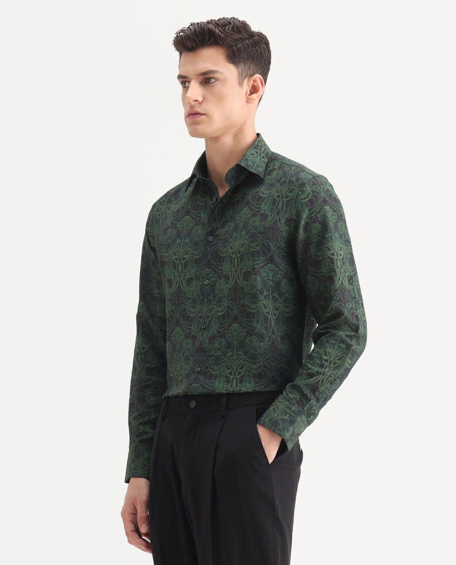 Rare Rabbit Men's Romo Black Viscose Blend Floral Print Regular Fit Full Sleeve Collared Shirt