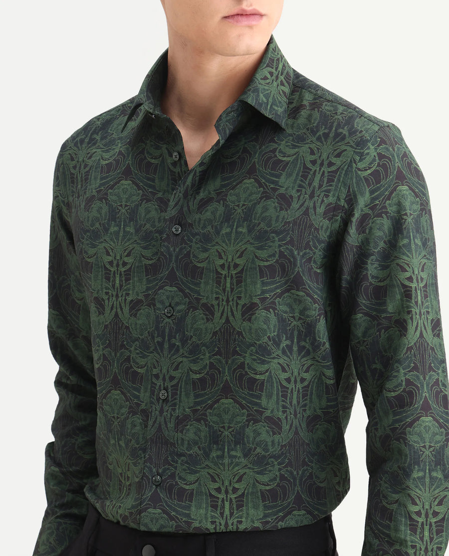 Rare Rabbit Men's Romo Black Viscose Blend Floral Print Regular Fit Full Sleeve Collared Shirt