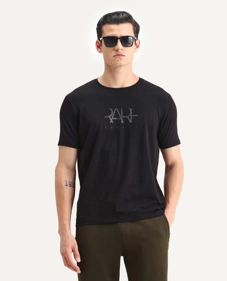 Rare Rabbit Men's Ronan Black Cotton Blend Graphic Print Regular Fit Half Sleeve Crew Neck T-Shirt