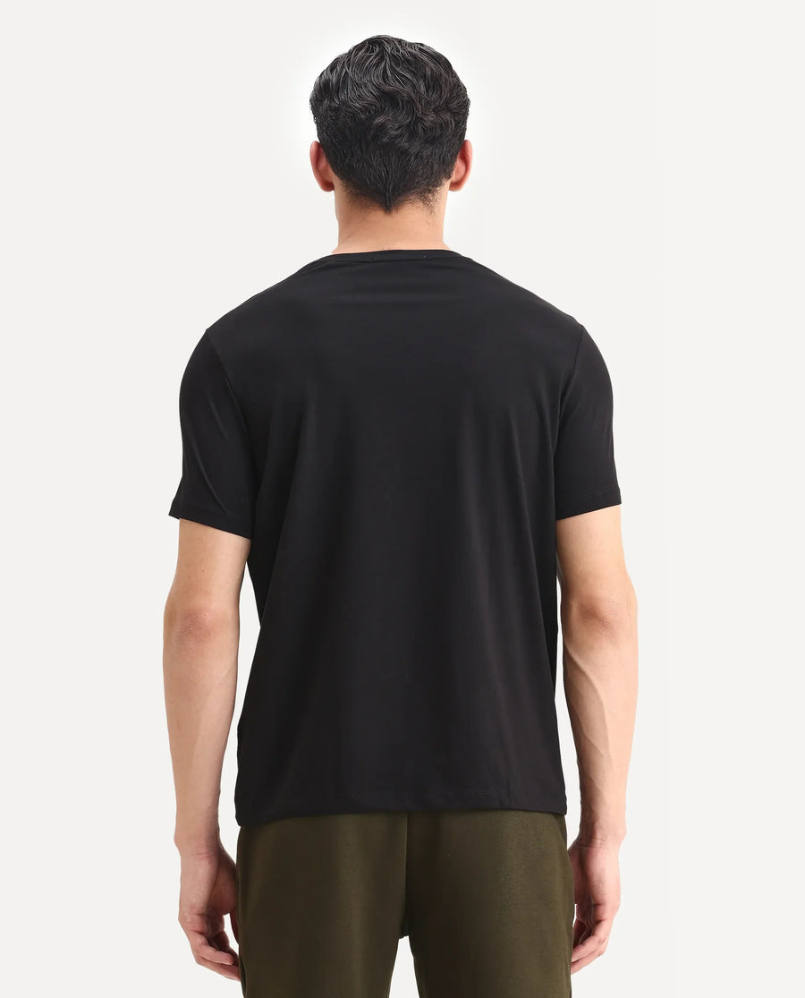 Rare Rabbit Men's Ronan Black Cotton Blend Graphic Print Regular Fit Half Sleeve Crew Neck T-Shirt