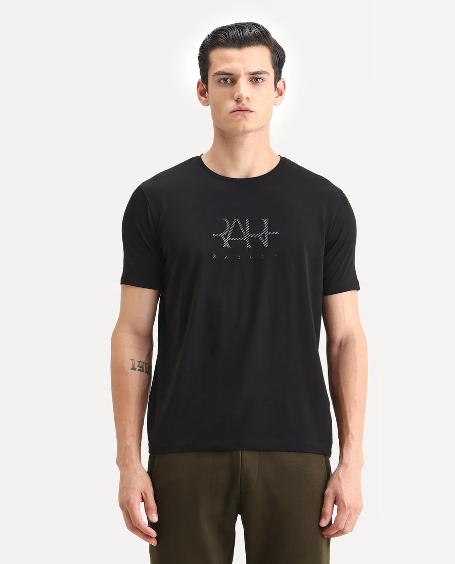 Rare Rabbit Men's Ronan Black Cotton Blend Graphic Print Regular Fit Half Sleeve Crew Neck T-Shirt