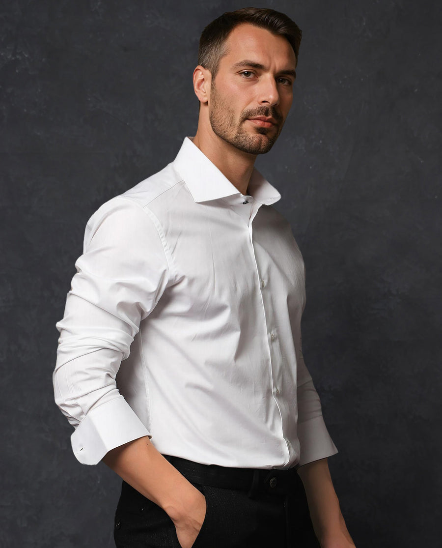 Rare Rabbit Men's Rona White Cotton Plain Tailored Fit Full Sleeve Collared Shirt