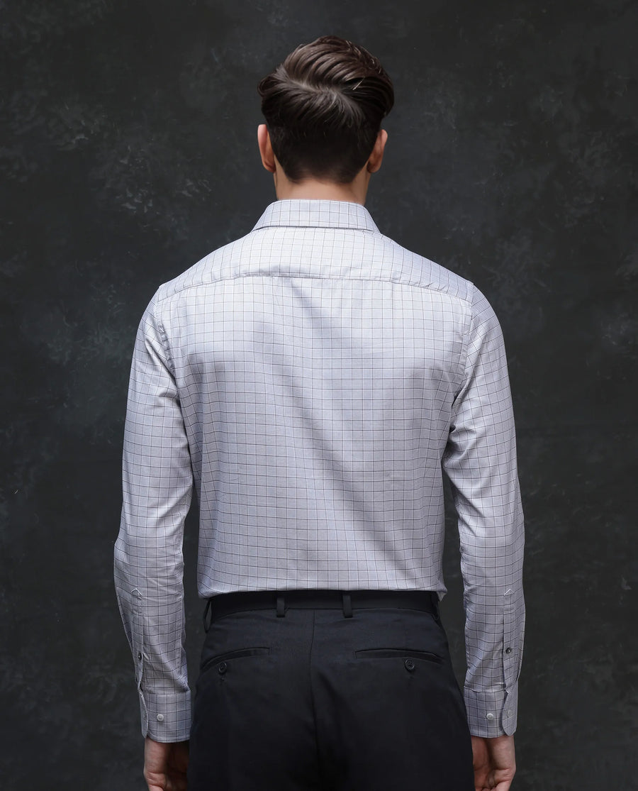 Rare Rabbit Men's Rooney Light Grey Cotton Checked Print Regular Fit Full Sleeve Collared Shirt