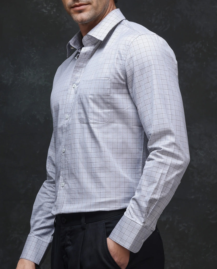 Rare Rabbit Men's Rooney Light Grey Cotton Checked Print Regular Fit Full Sleeve Collared Shirt