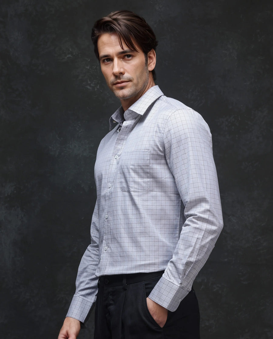 Rare Rabbit Men's Rooney Light Grey Cotton Checked Print Regular Fit Full Sleeve Collared Shirt